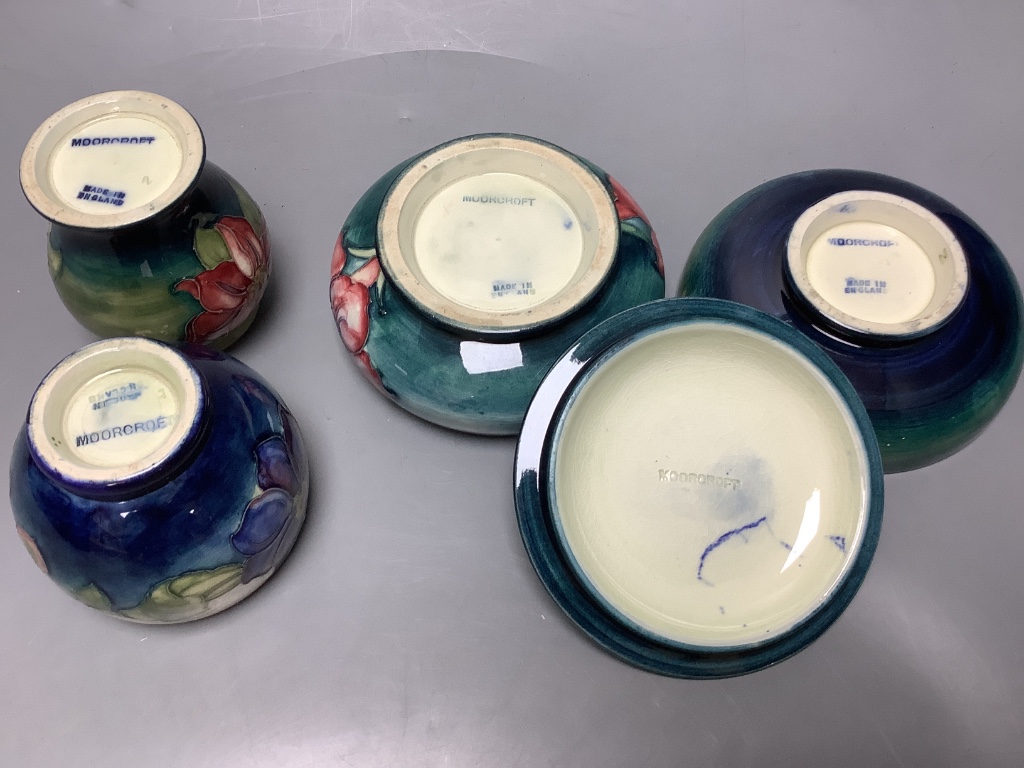 Four pieces of Moorcroft including a covered powder box